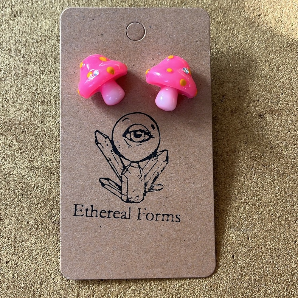 Pink mushroom post earrings with rhinestones